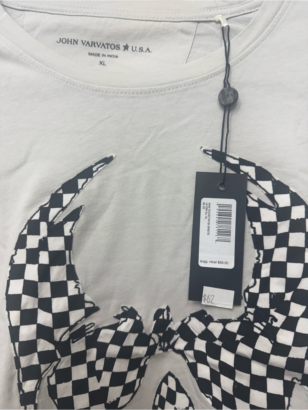John Varvatos Cream Short-Sleeve Tee with Black Checkered Skull - Picture 3 of 4